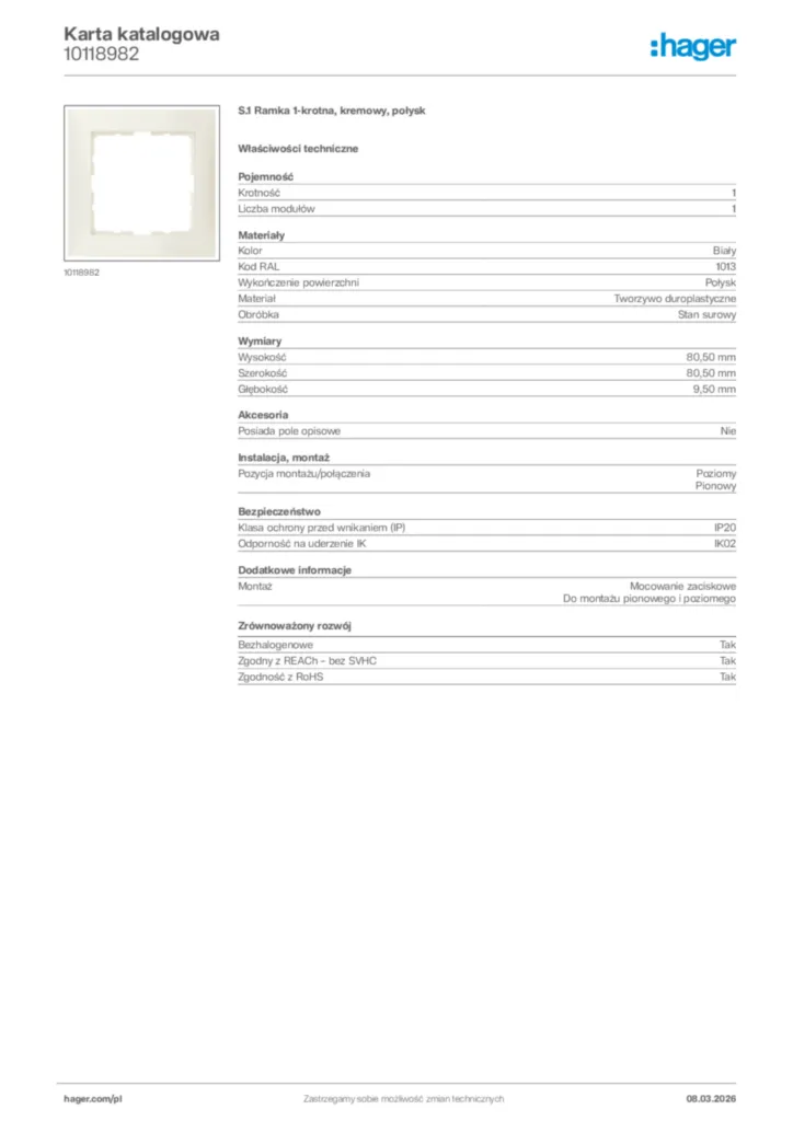 Zdjęcie Hager Karta katalogowa 10118982 | Hager Polska