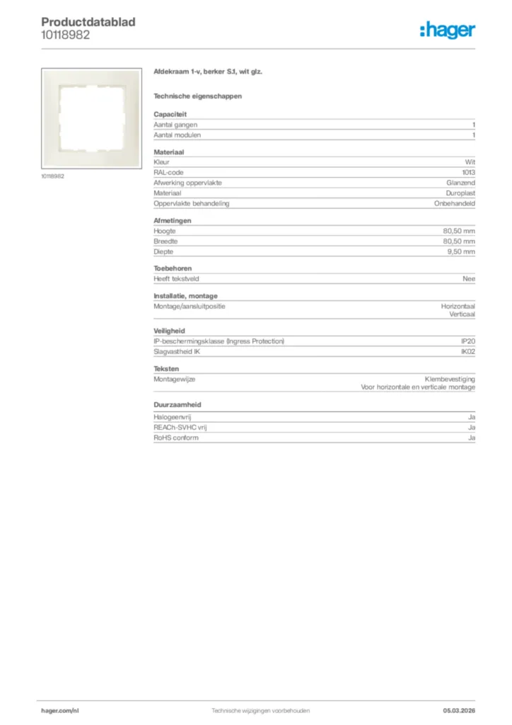 Afbeelding Hager Productdatablad 10118982 | Hager Nederland
