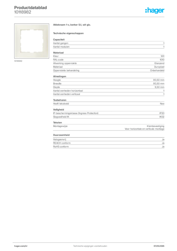 Afbeelding Hager Productdatablad 10118982 | Hager Nederland