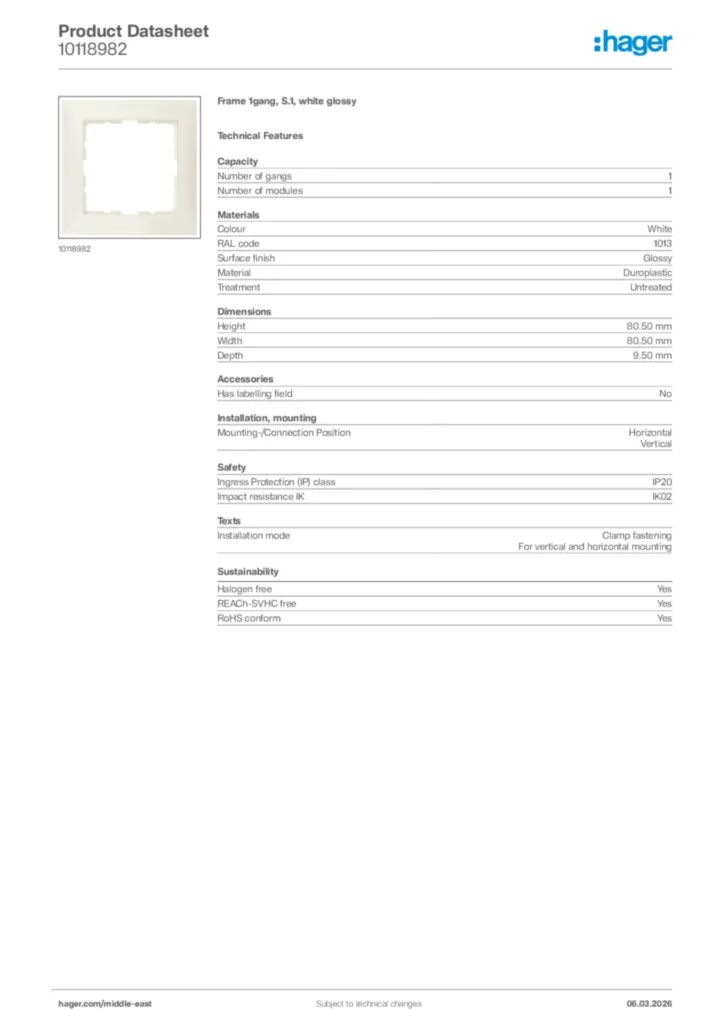 Image Hager Product data sheet 10118982  | Hager