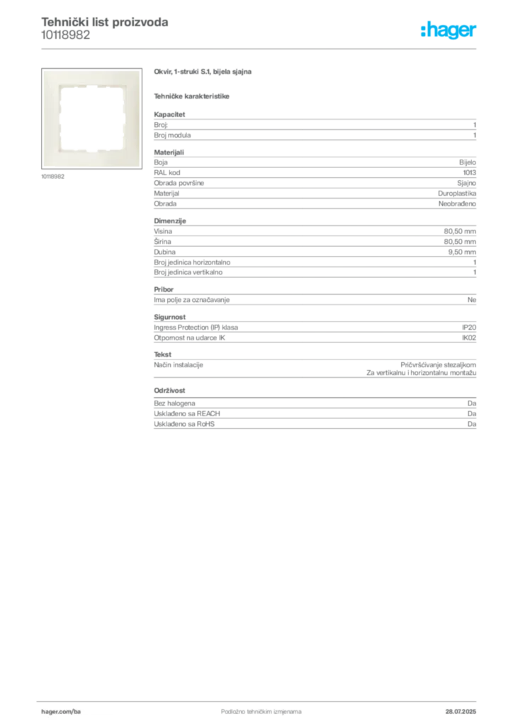 Slika Hager Product data sheet 10118982  | Hager