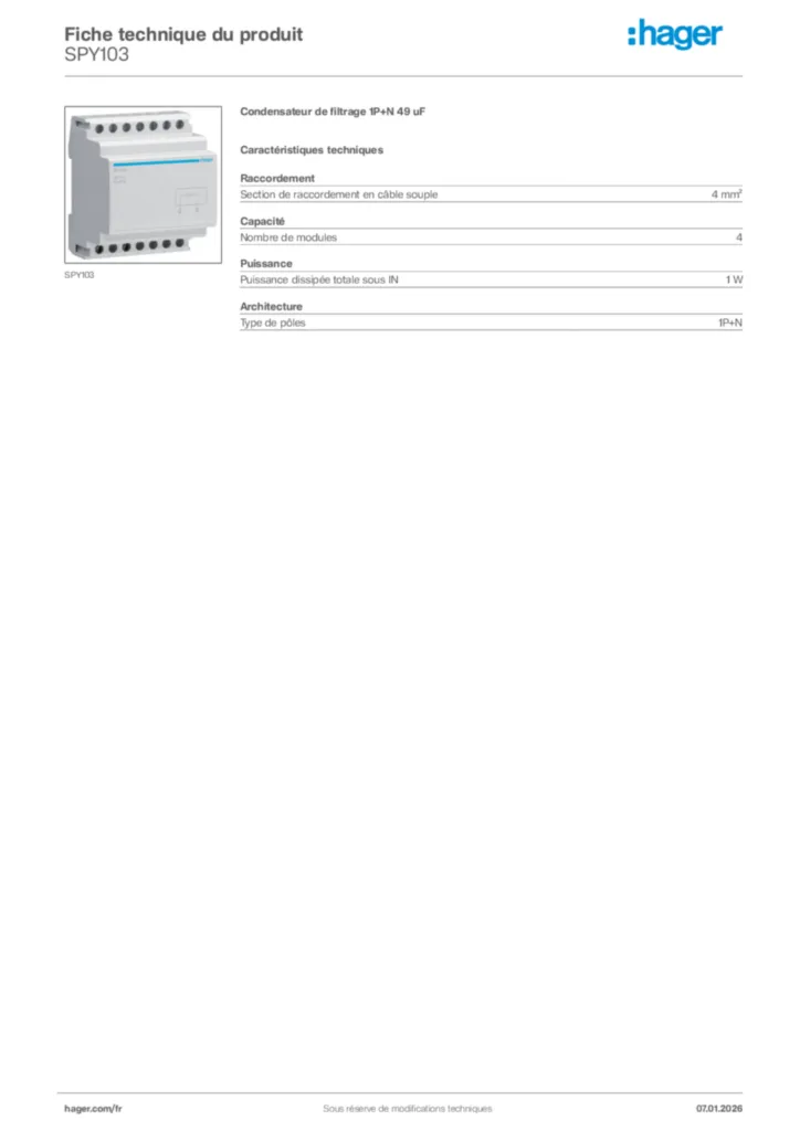 Image Hager Fiche technique du produit SPY103 | Hager France