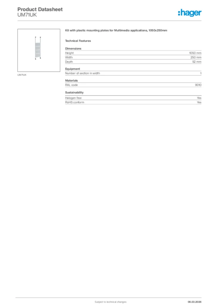 Image Hager Product data sheet UM71UK  | Hager Africa