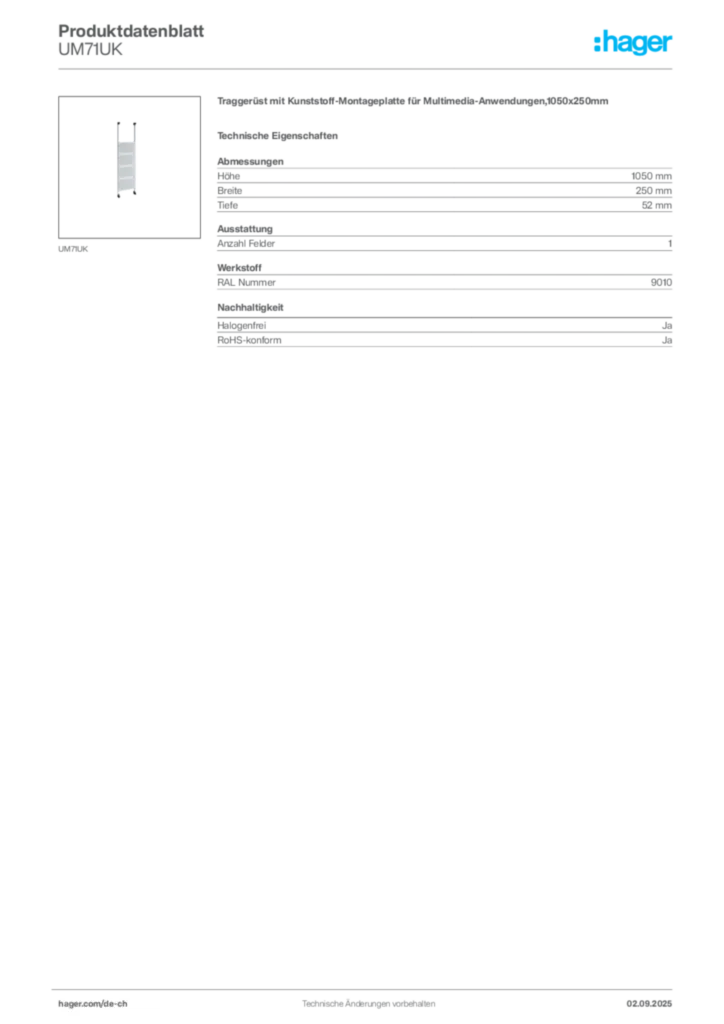 Bild Hager Produktdatenblatt UM71UK | Hager Schweiz