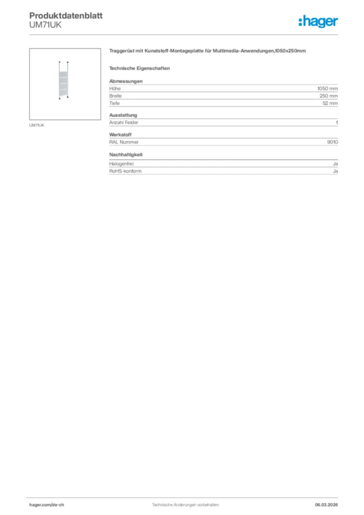 Bild Hager Produktdatenblatt UM71UK | Hager Schweiz