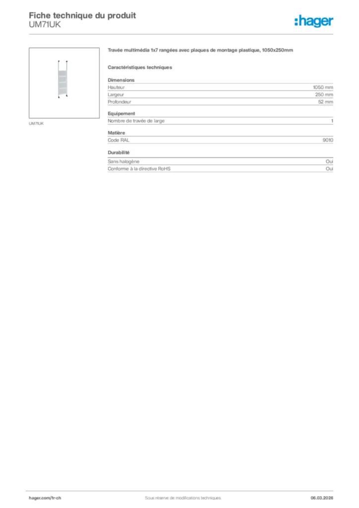 Image Hager Fiche technique du produit UM71UK | Hager Suisse