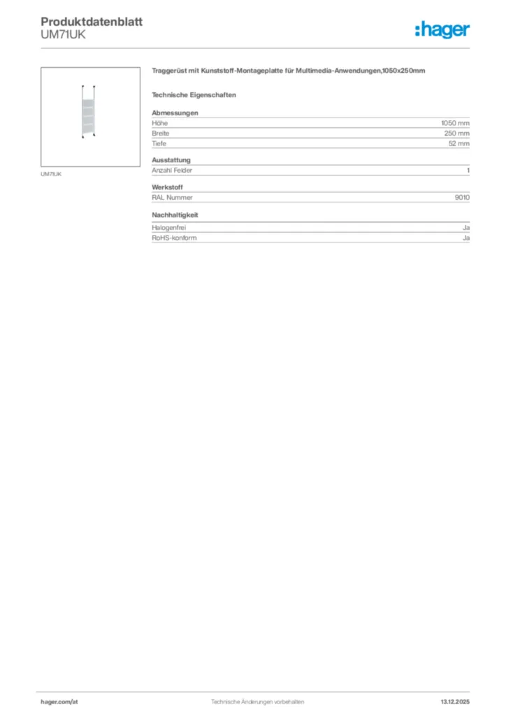 Bild Hager Produktdatenblatt UM71UK | Hager Deutschland