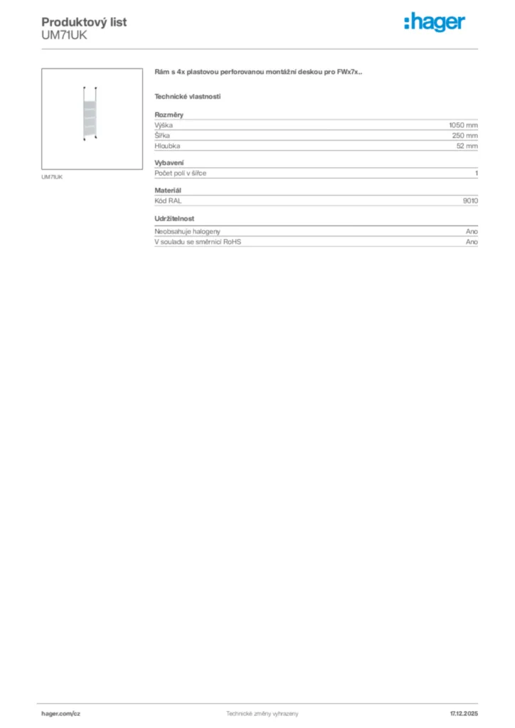 Obrázek Hager Produktový list UM71UK | Hager