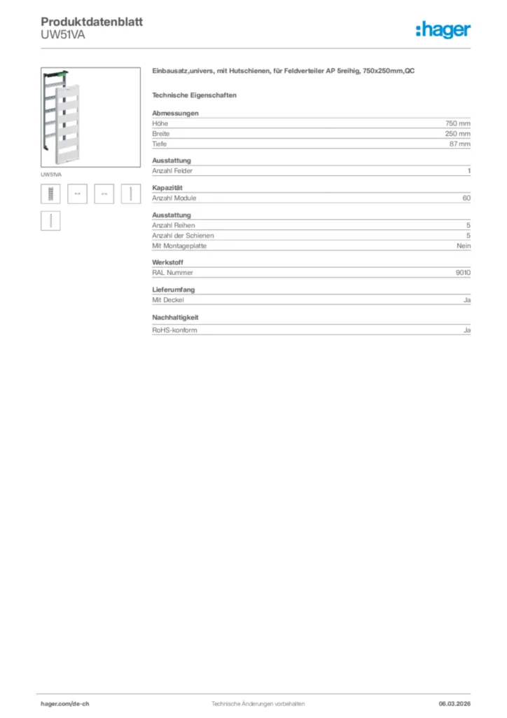 Bild Hager Produktdatenblatt UW51VA | Hager Schweiz