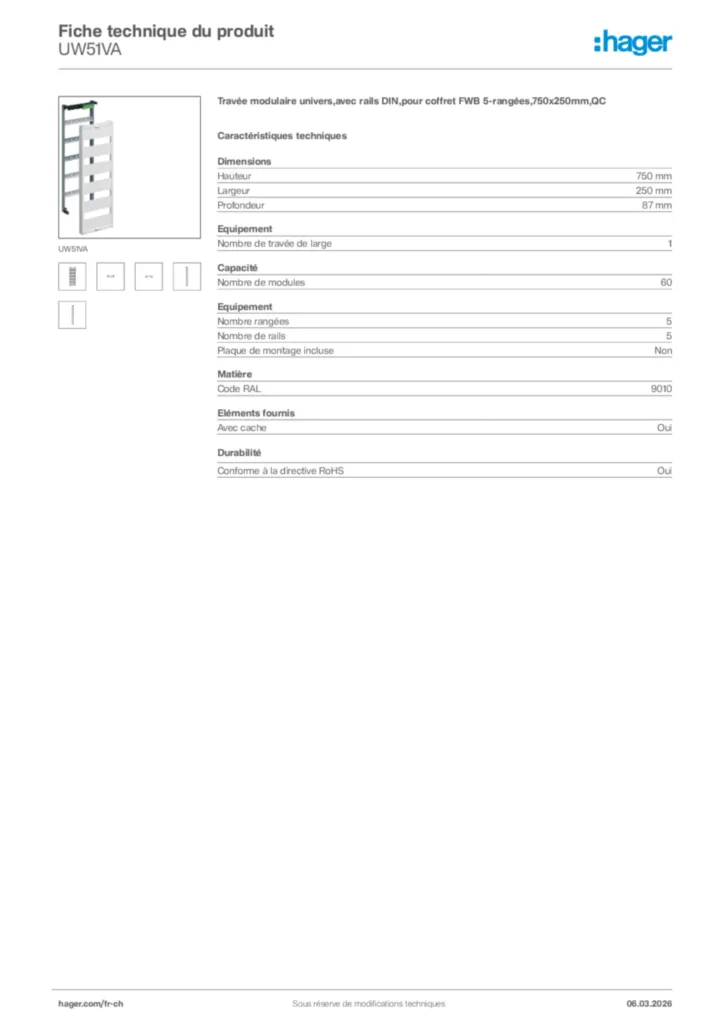 Image Hager Fiche technique du produit UW51VA | Hager Suisse