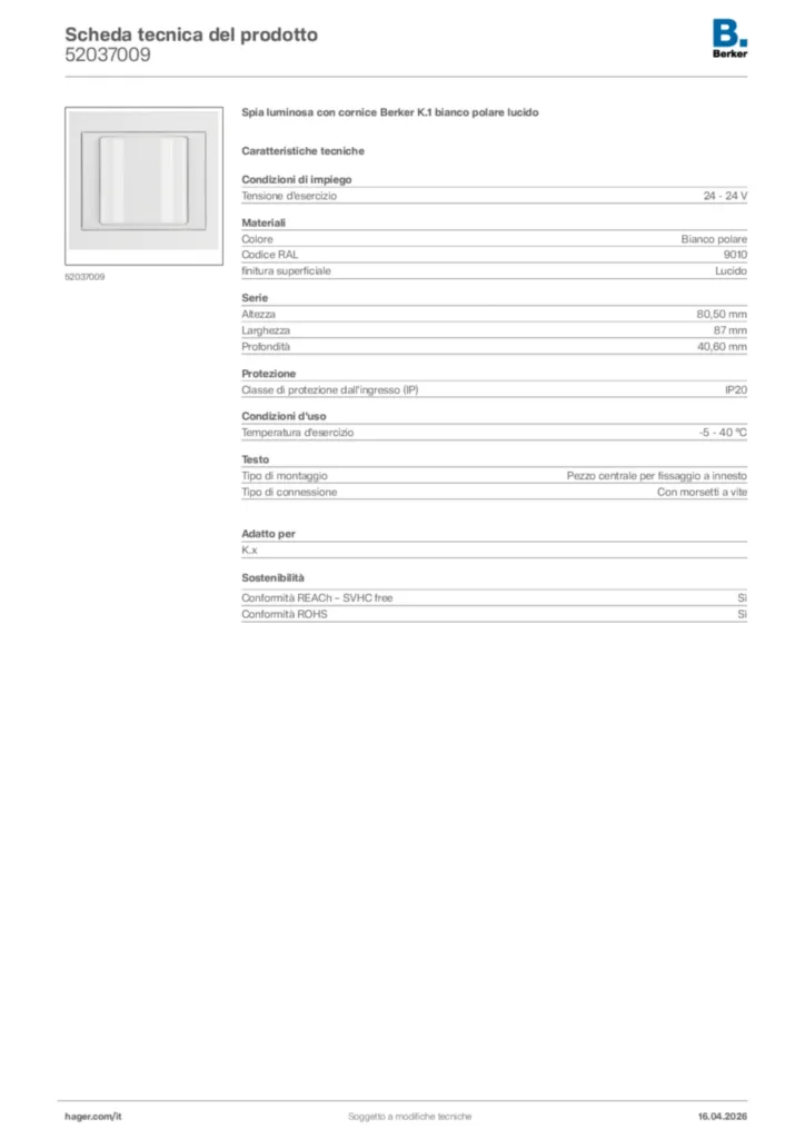 Immagine Berker Scheda tecnica del prodotto 52037009 | Hager Italia