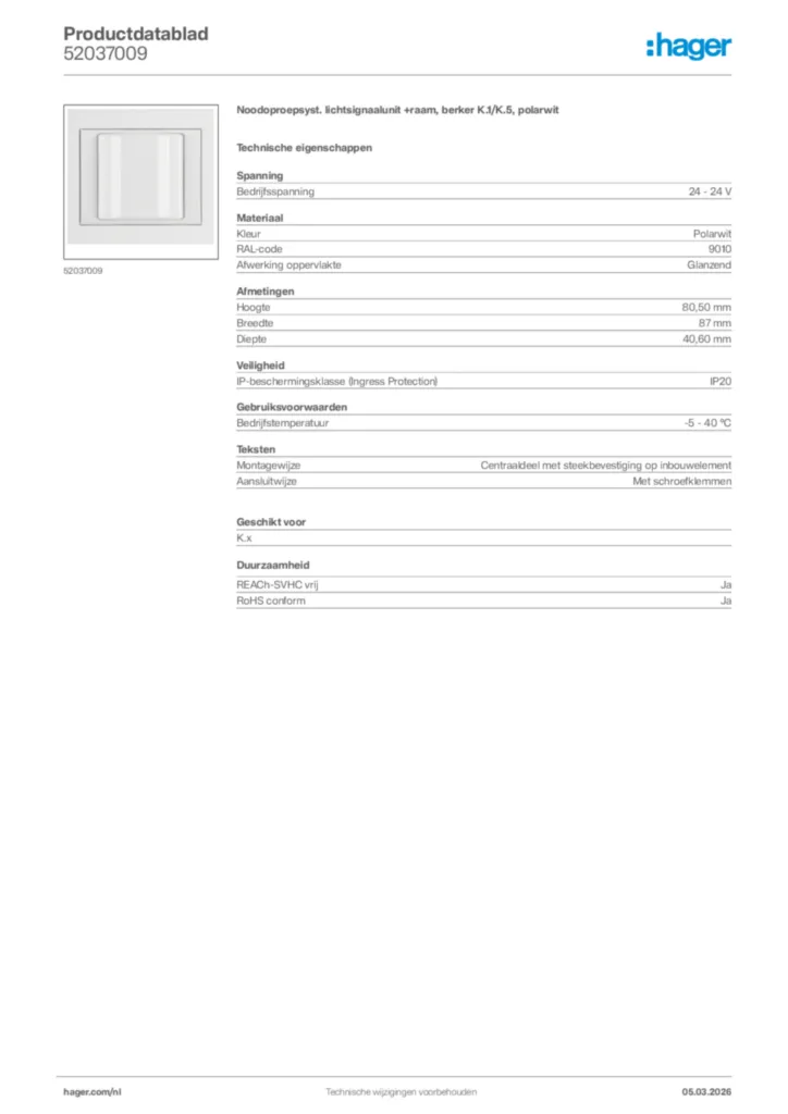 Afbeelding Hager Productdatablad 52037009 | Hager Nederland