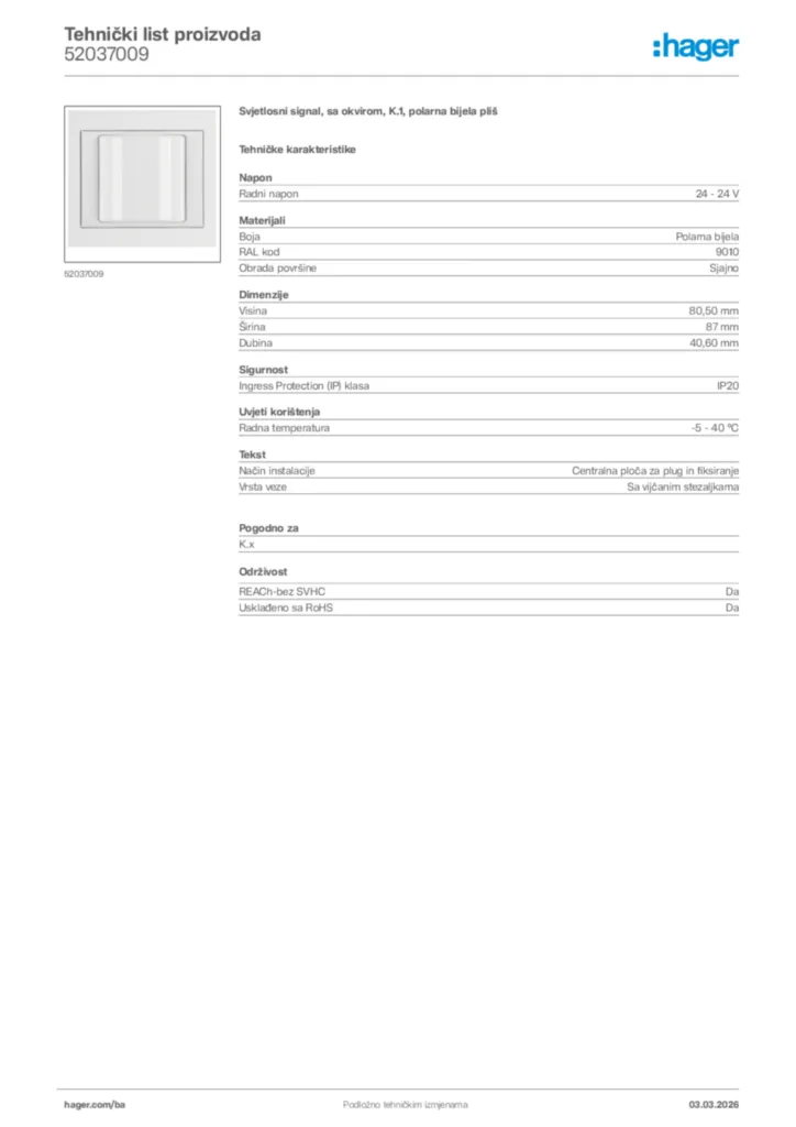 Slika Hager Tehnički list proizvoda 52037009  | Hager