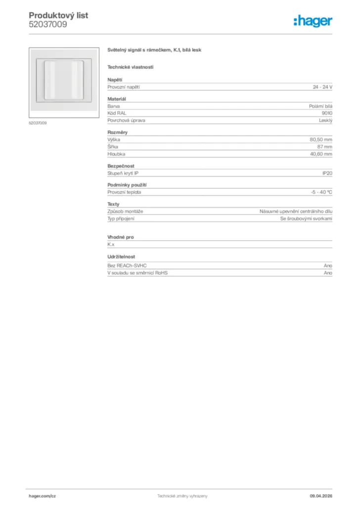 Obrázek Hager Product data sheet 52037009 | Hager