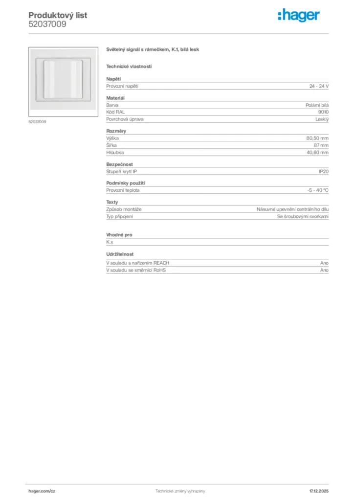 Obrázek Hager Produktový list 52037009 | Hager