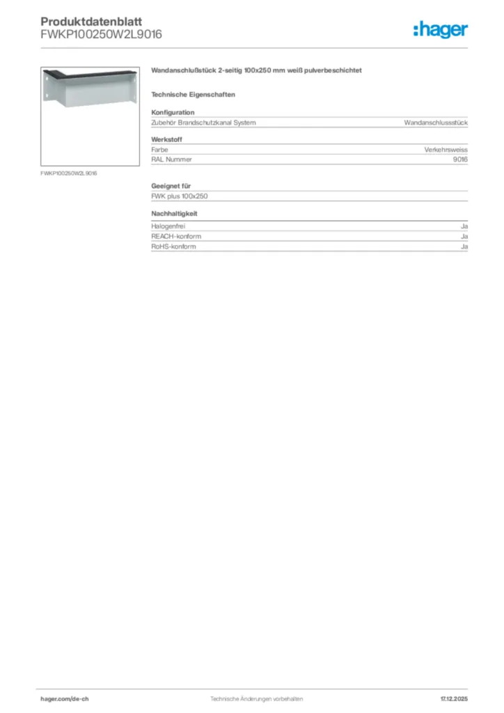 Bild Hager Produktdatenblatt FWKP100250W2L9016 | Hager Schweiz