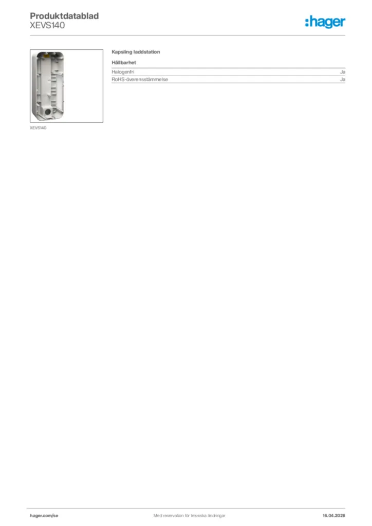 Bild Hager Produktdatablad XEVS140 | Hager Sverige
