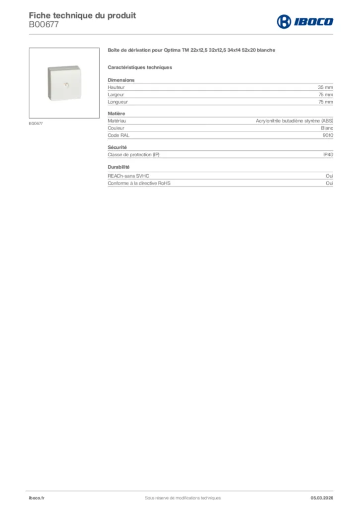 Image Iboco Fiche technique du produit B00677 | Hager France