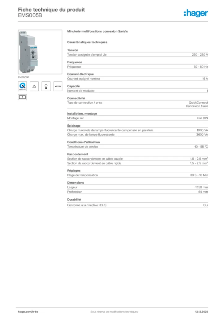 Image Hager Fiche technique du produit EMS005B | Hager Belgique