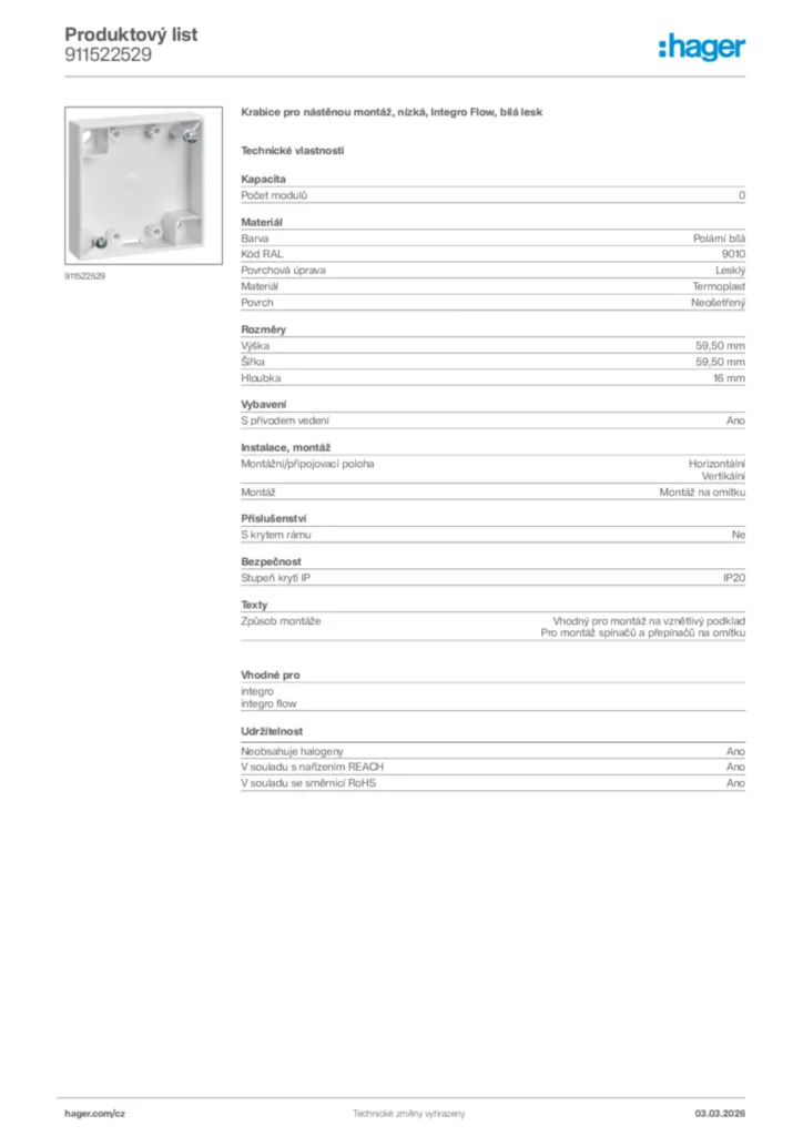 Obrázek Hager Product data sheet 911522529 | Hager