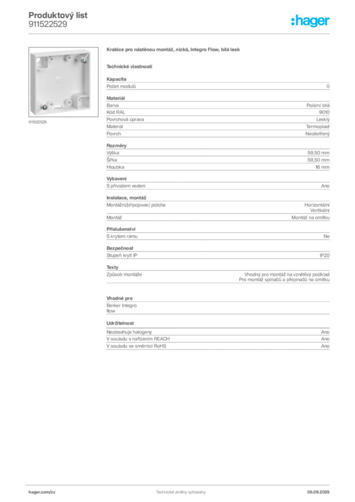 Obrázek Hager Produktový list 911522529 | Hager