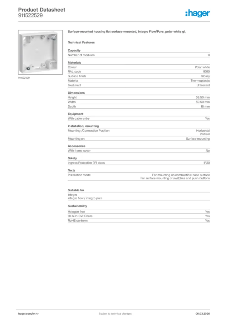 Image Hager Product data sheet 911522529  | Hager
