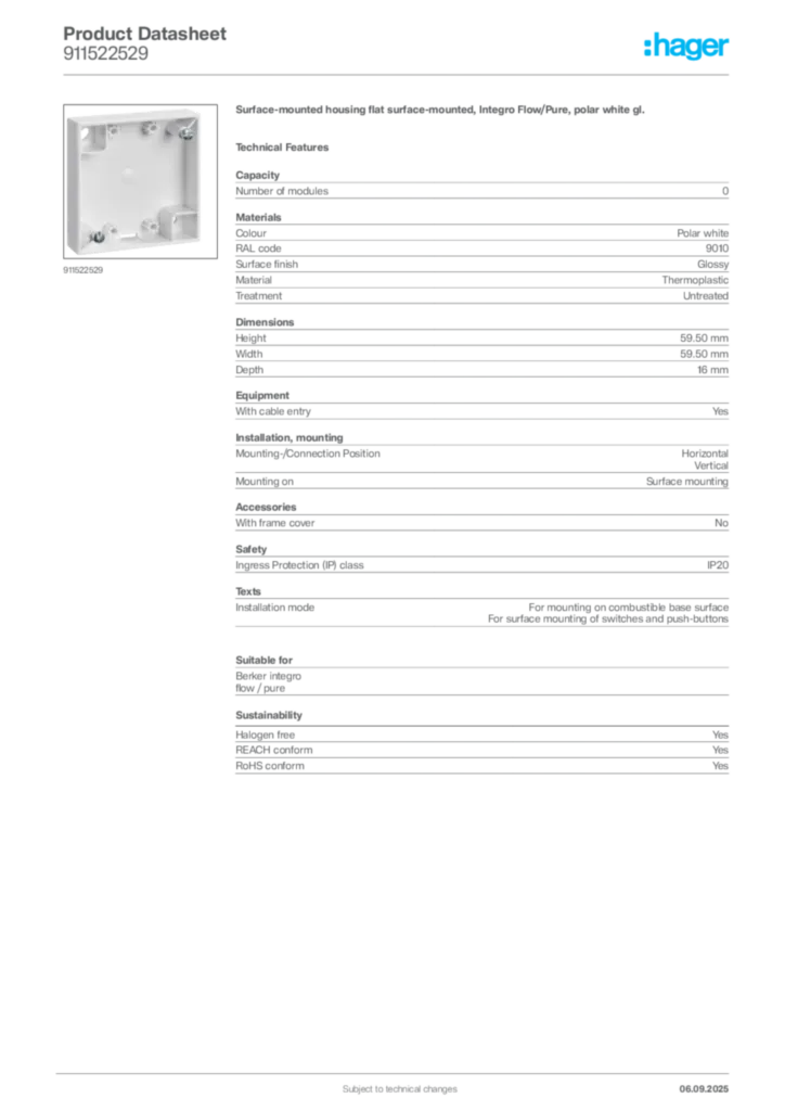 Image Hager Product data sheet 911522529  | Hager