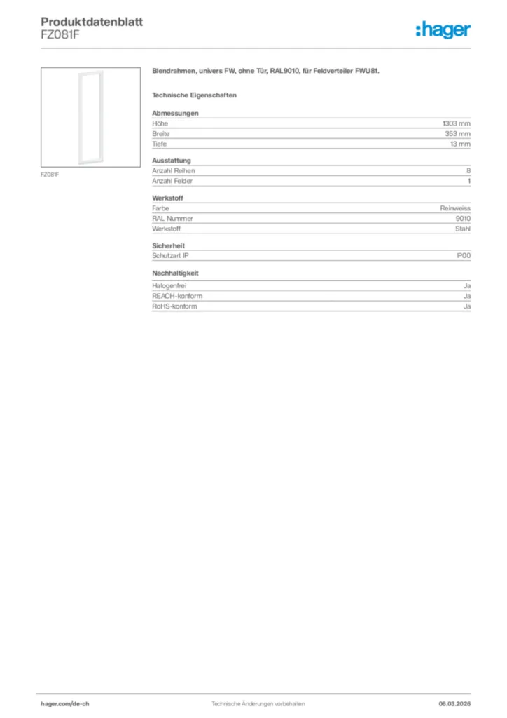 Bild Hager Produktdatenblatt FZ081F | Hager Schweiz