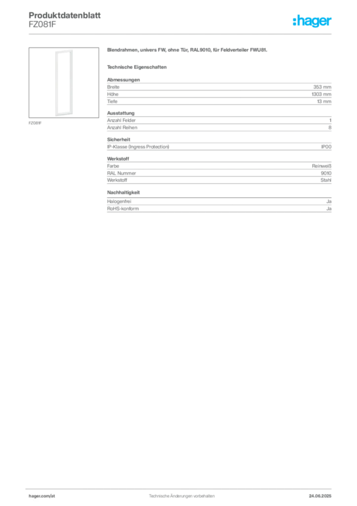 Bild Hager Produktdatenblatt FZ081F | Hager Deutschland