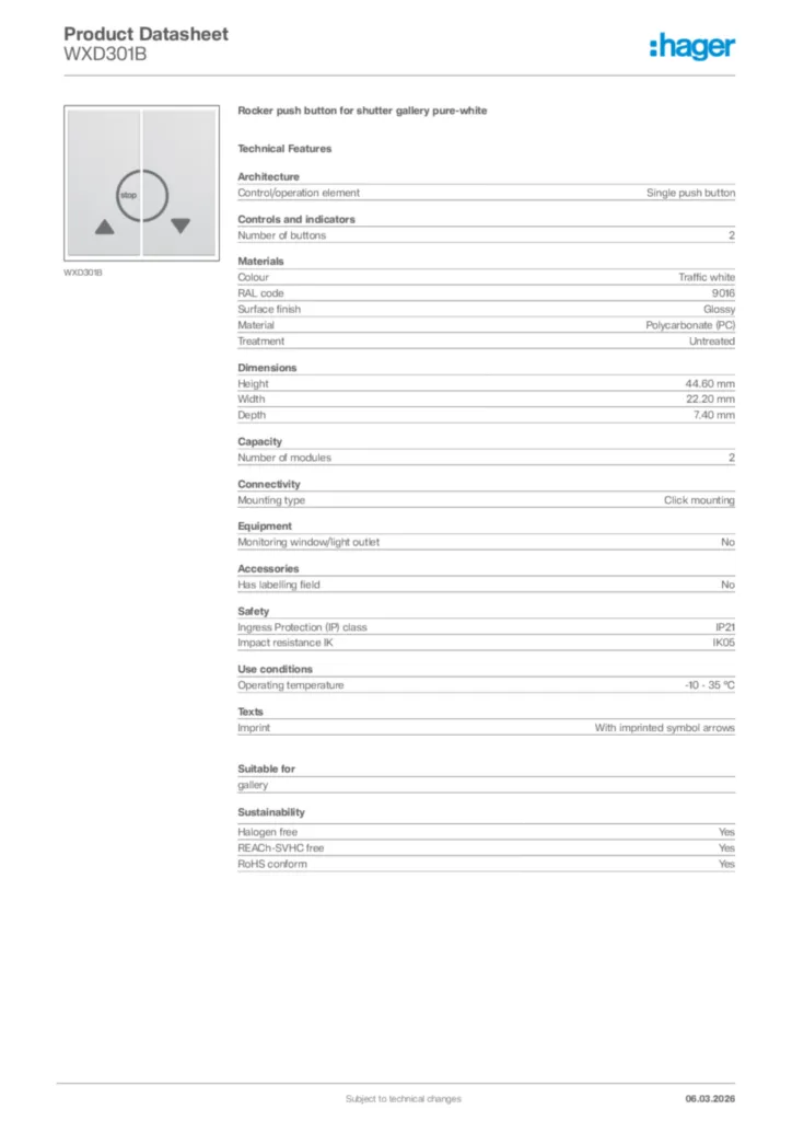 Image Hager Product data sheet WXD301B  | Hager Africa