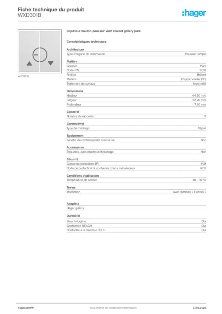 Image Hager Fiche technique du produit WXD301B | Hager France