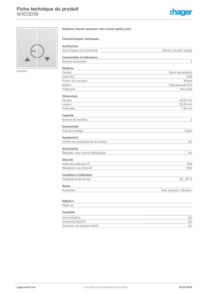Image Hager Fiche technique du produit WXD301B | Hager Belgique