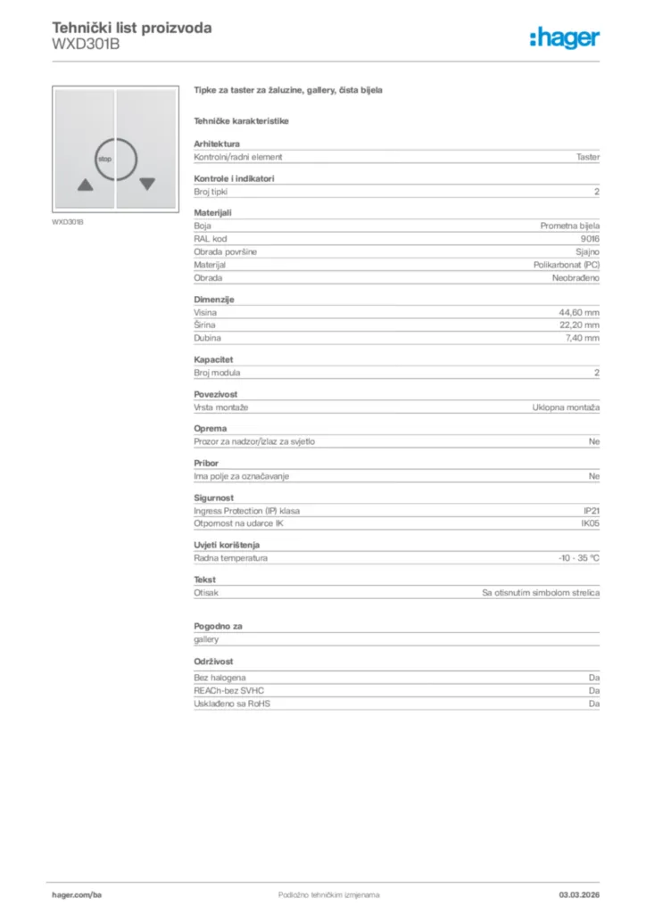 Slika Hager Tehnički list proizvoda WXD301B  | Hager