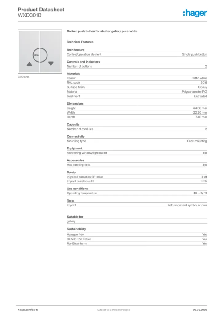 Image Hager Product data sheet WXD301B  | Hager