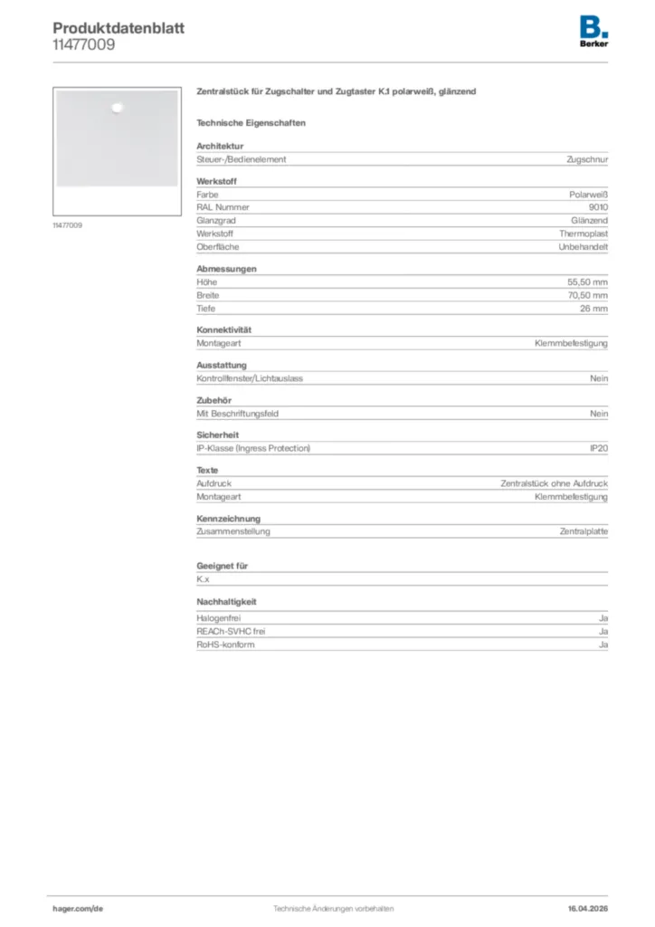 Bild Berker Produktdatenblatt 11477009 | Hager Deutschland