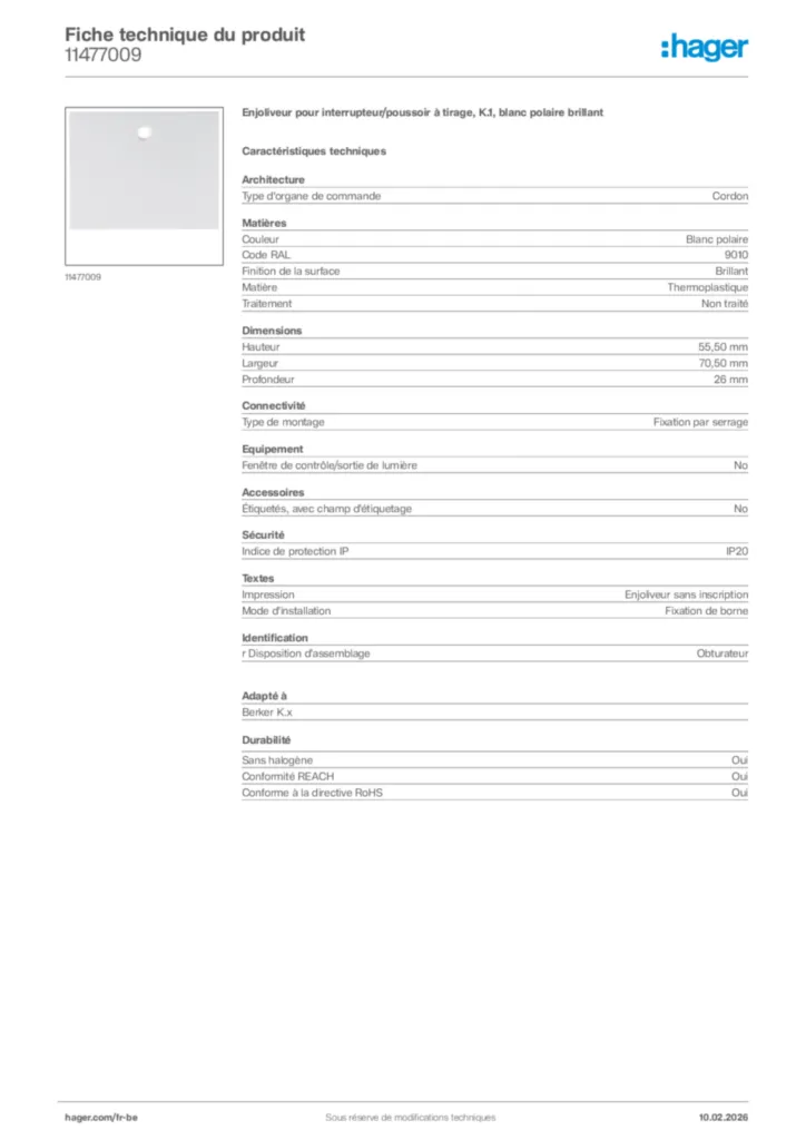 Image Hager Fiche technique du produit 11477009 | Hager Belgique