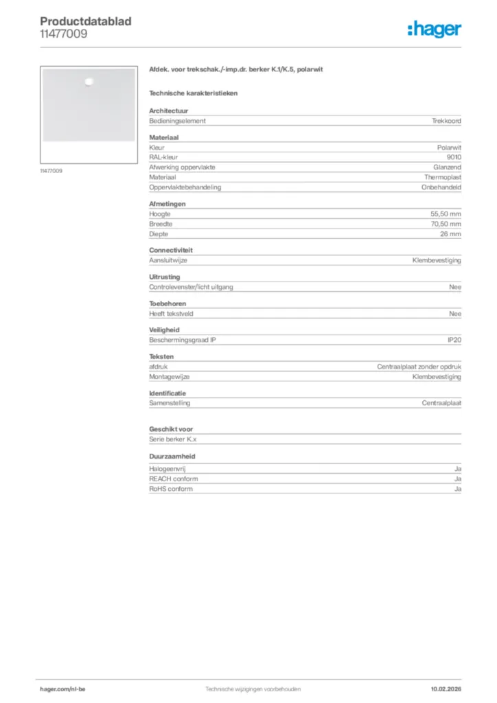 Afbeelding Hager Productdatablad 11477009 | Hager Belgium