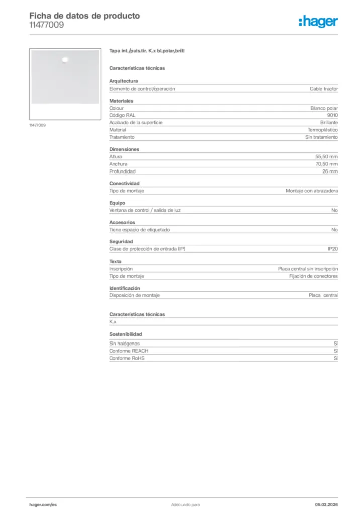 Imagen Hager Ficha de datos de producto 11477009 | Hager España