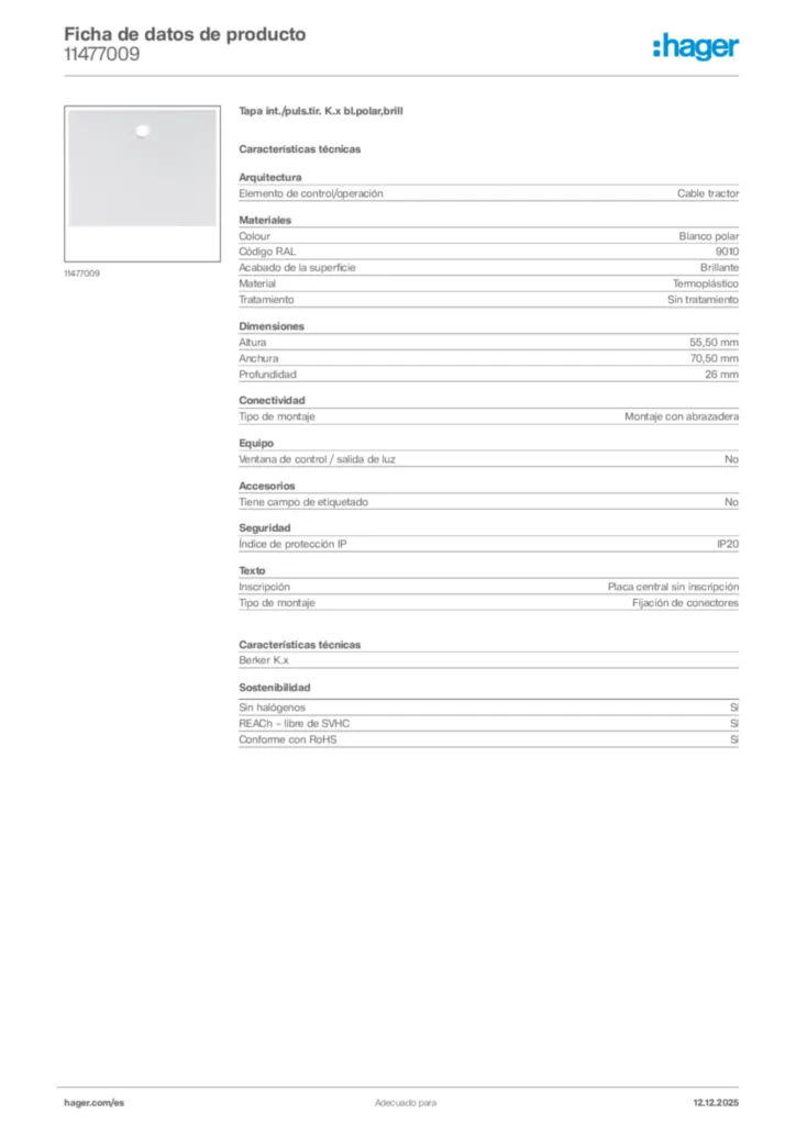 Imagen Hager Ficha de datos de producto 11477009 | Hager España