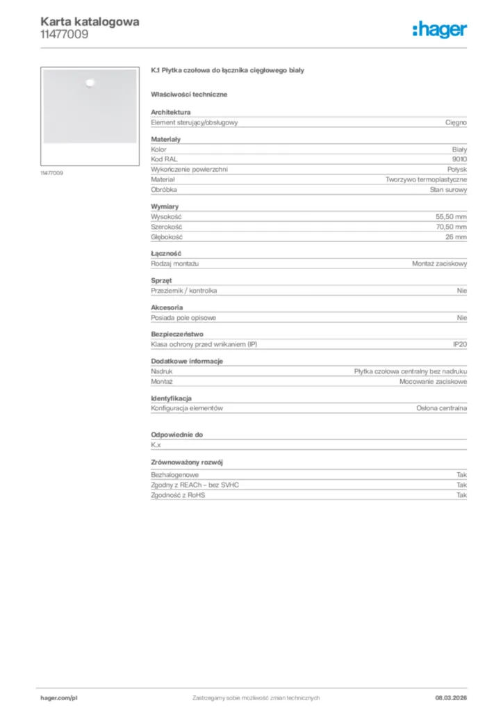 Zdjęcie Hager Karta katalogowa 11477009 | Hager Polska