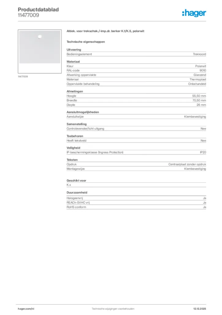 Afbeelding Hager Productdatablad 11477009 | Hager Nederland