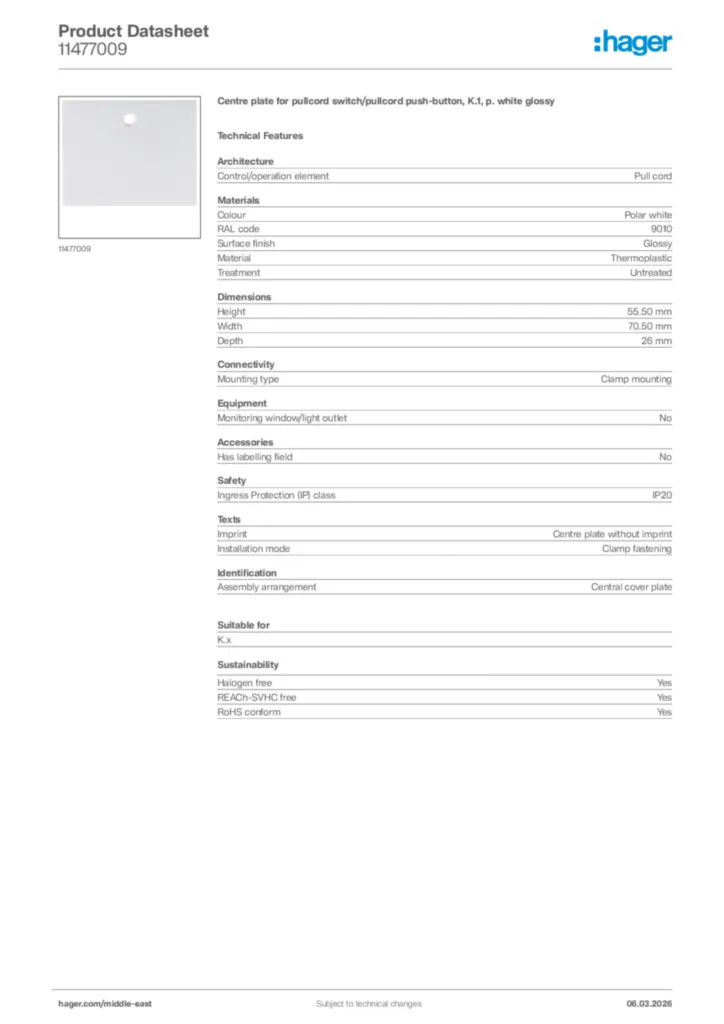 Image Hager Product data sheet 11477009  | Hager