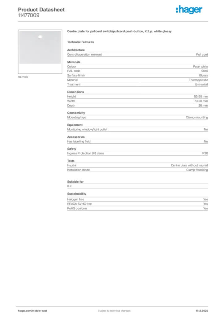 Image Hager Product data sheet 11477009  | Hager