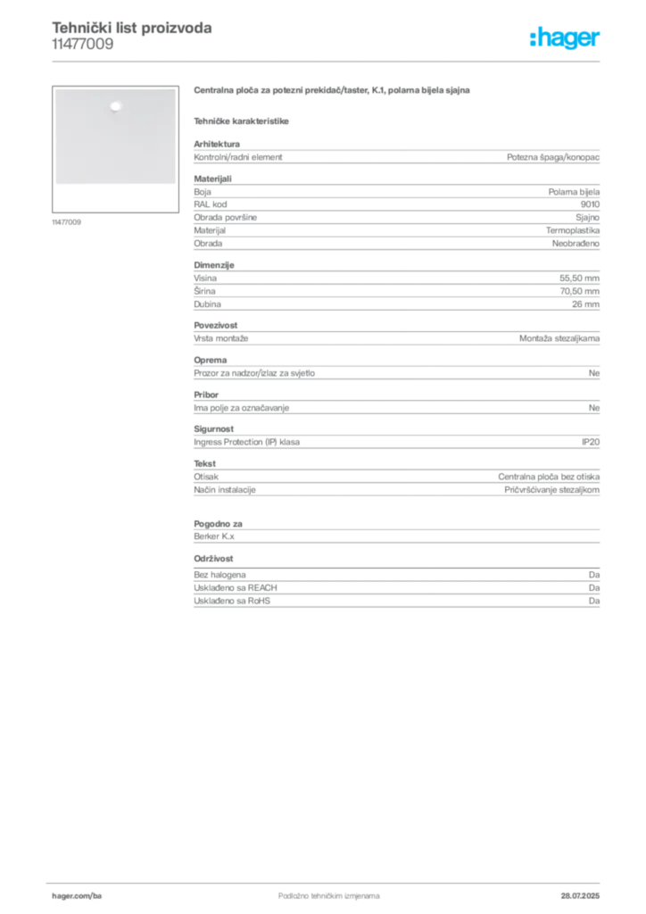 Slika Hager Product data sheet 11477009  | Hager