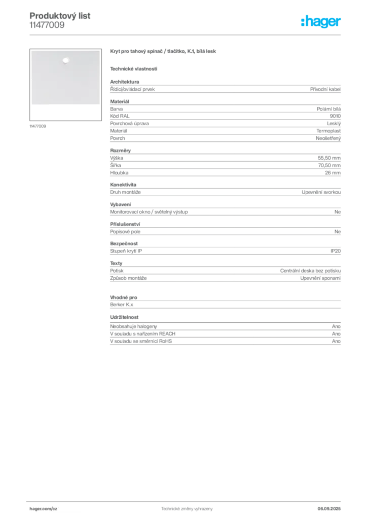 Obrázek Hager Produktový list 11477009 | Hager