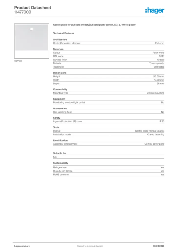 Image Hager Product data sheet 11477009  | Hager