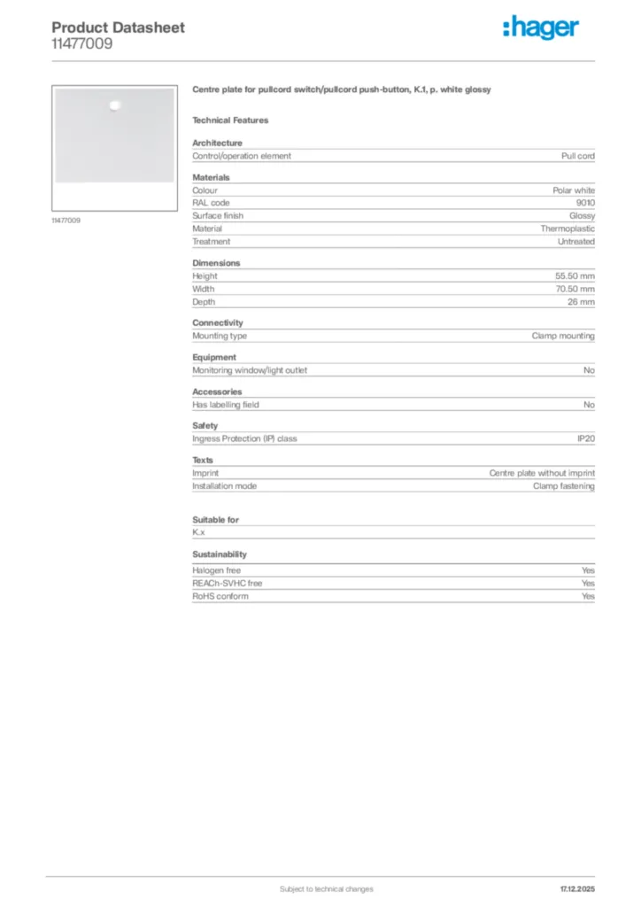 Image Hager Product data sheet 11477009  | Hager