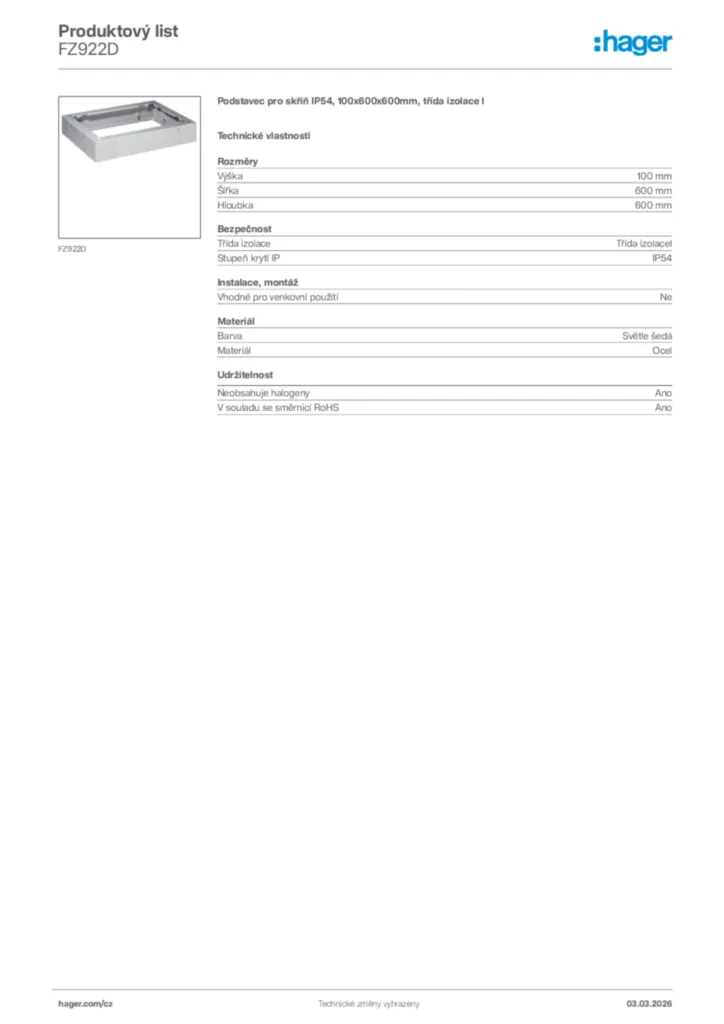 Obrázek Hager Product data sheet FZ922D | Hager