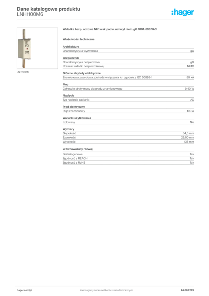 Zdjęcie Hager Karta katalogowa LNH1100M6 | Hager Polska