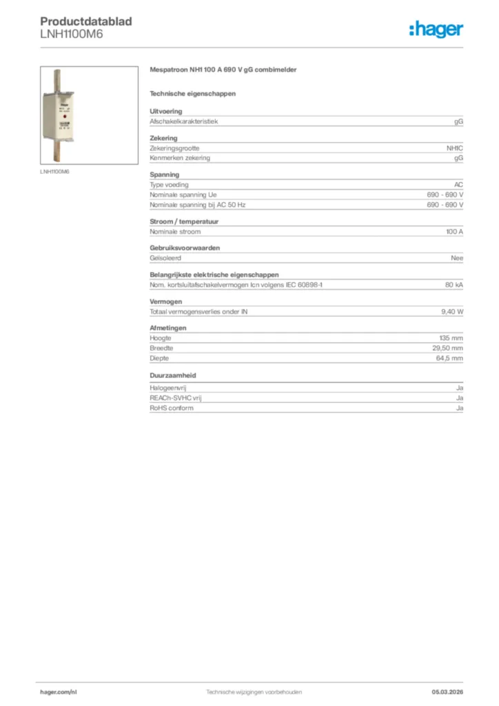 Afbeelding Hager Productdatablad LNH1100M6 | Hager Nederland